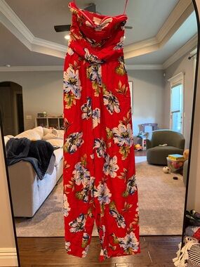 Red Floral Strapless Jumpsuit